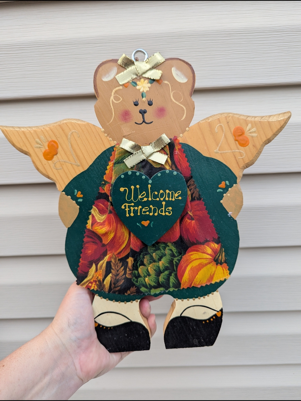Handpainted Wood Bear Angel Welcome Sign - Green with Autumn Pumpkin Motif